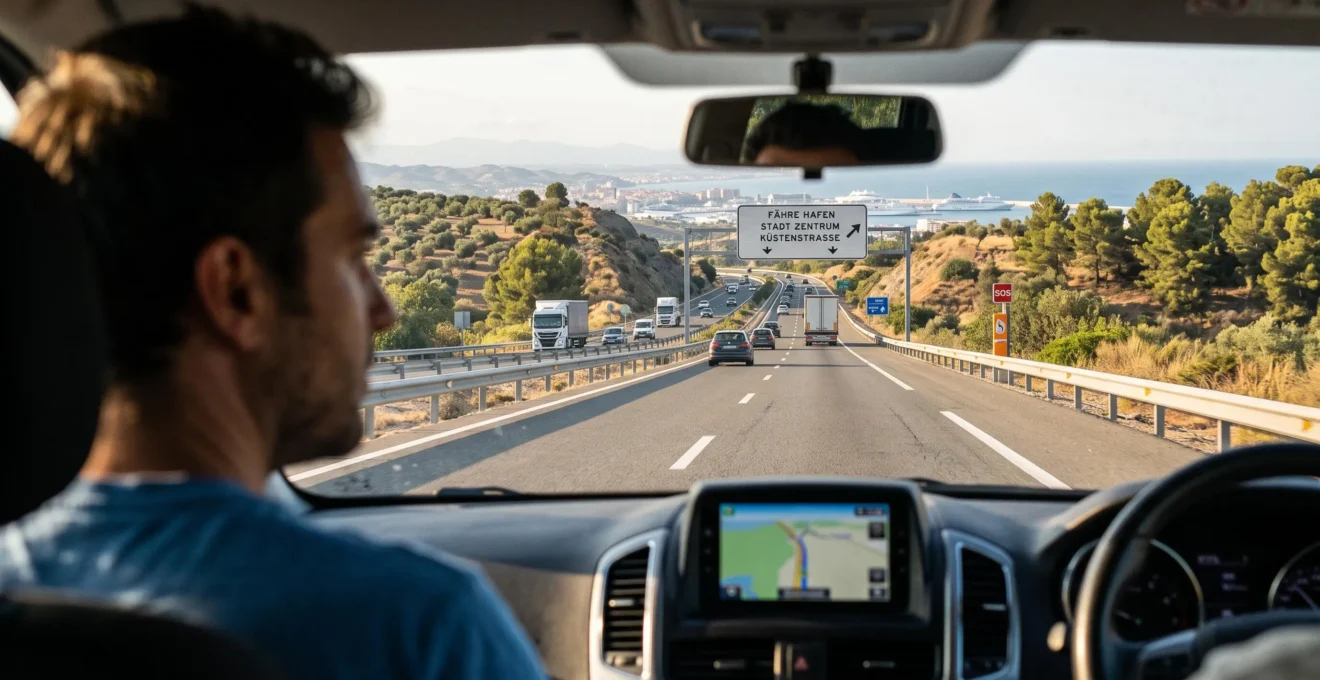 Blick über die Schulter des Fahrers auf eine mediterrane Autobahn mit Hinweisschildern in Richtung einer Küstenstadt.