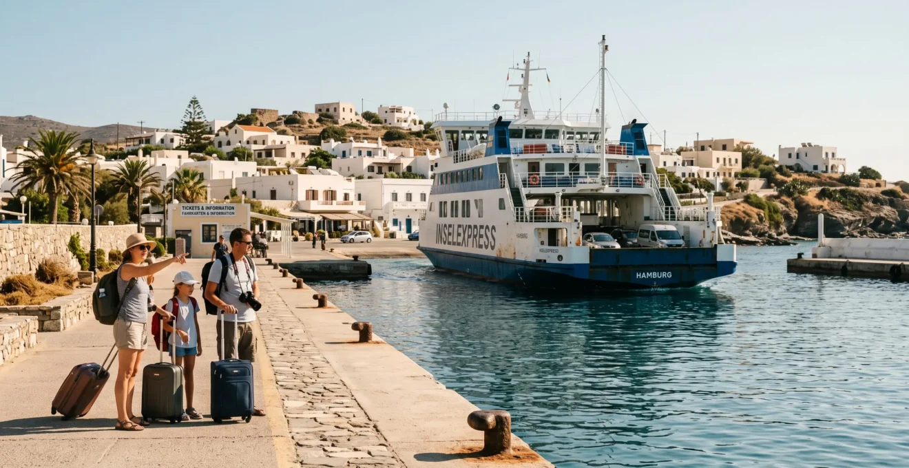 Eine große Autofähre läuft in einen Hafen auf den Balearischen Inseln ein, während Reisende mit Gepäck an der Kaimauer warten.