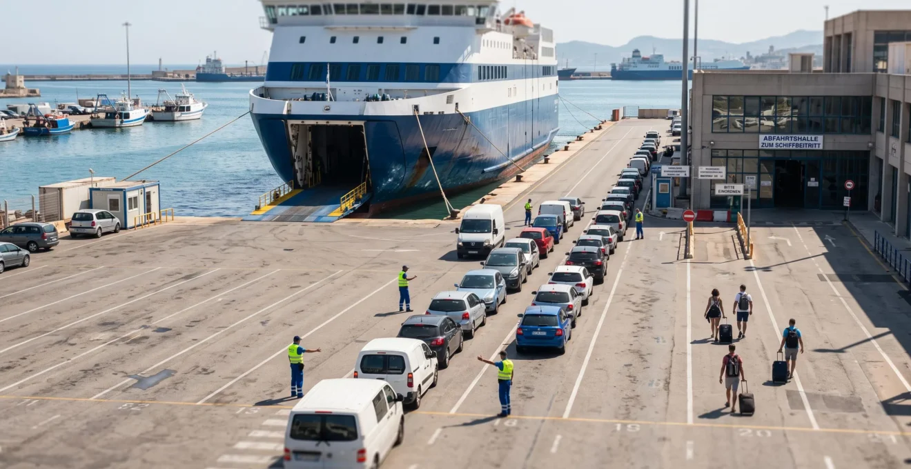 Autos stehen in einer Wartespur am Fährterminal eines mediterranen Abfahrtshafens, während ein grosses Fährschiff an der Rampe liegt.
