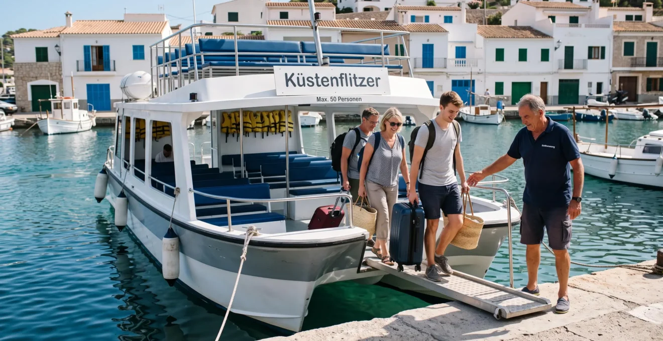 Fusspassagiere steigen über eine Gangway auf eine kleine Schnellboot-Katamaranfähre an einem Hafenpier auf den Balearen.